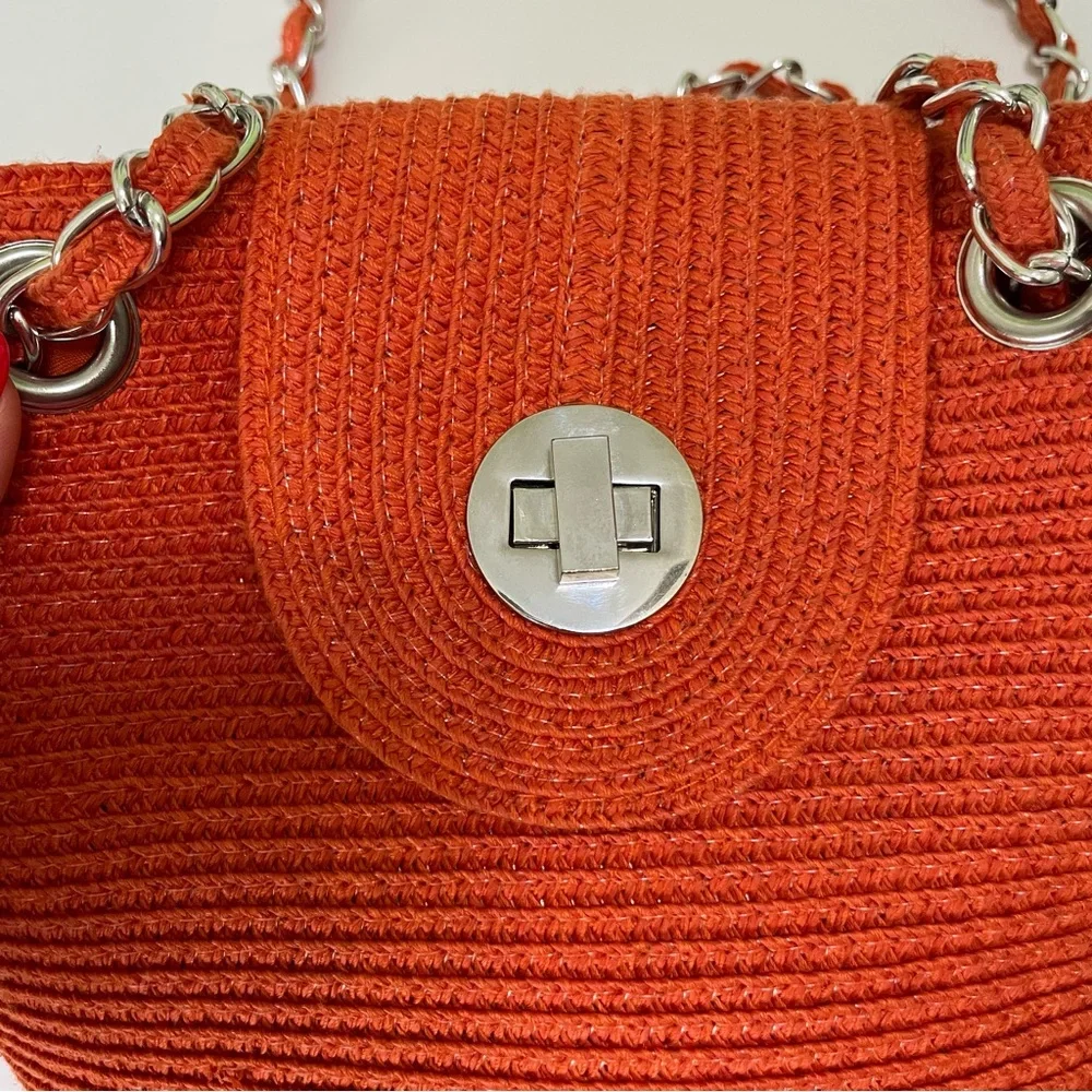 Kim Rogers Orange Woven Paper Straw Shoulder Bag Crossbody Silver Chain Straps